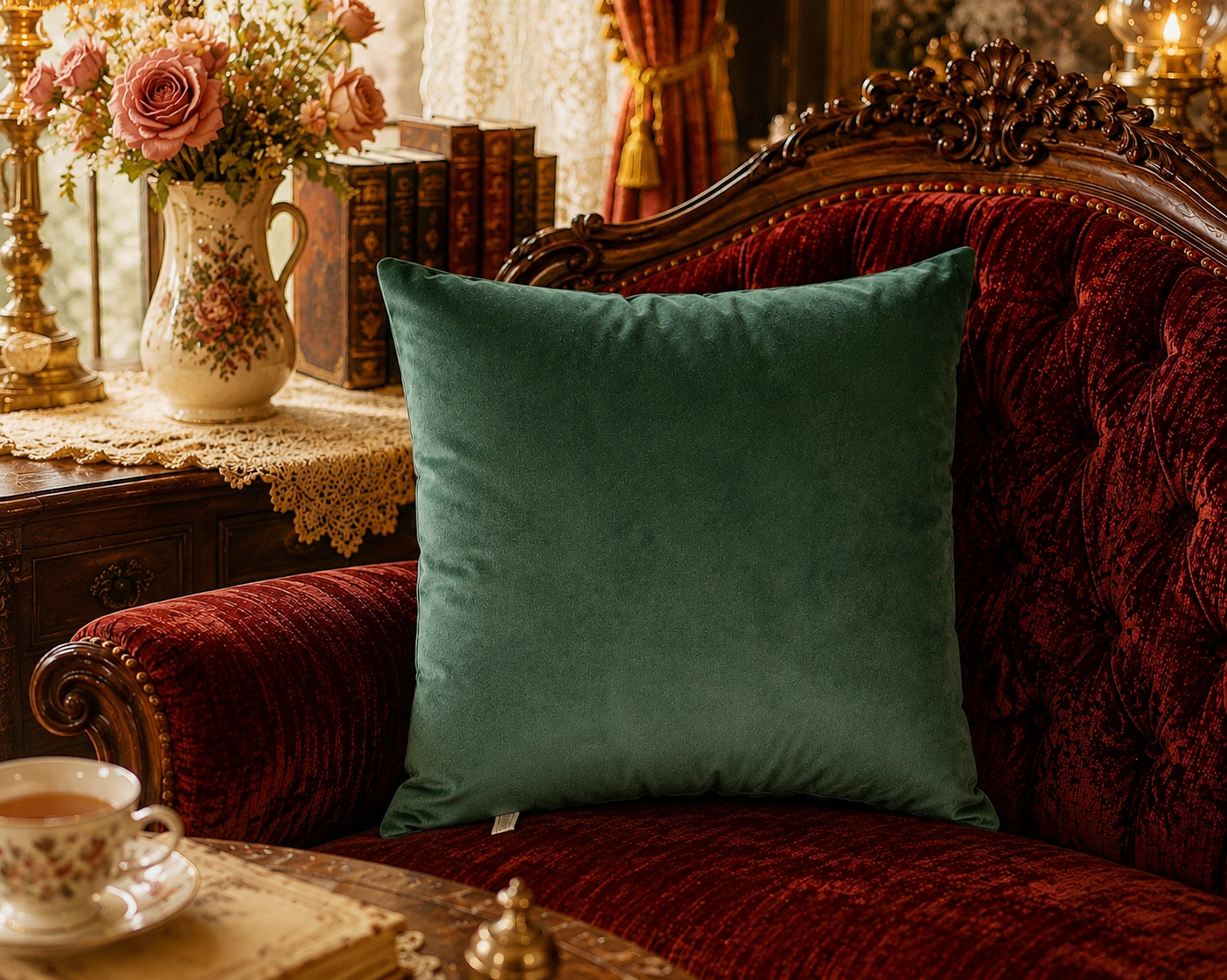 VELVET CUSHION "Tea Among Friends with Sebastian and Isabell