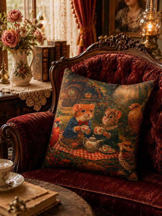 VELVET CUSHION "Tea Among Friends with Sebastian and Isabella"